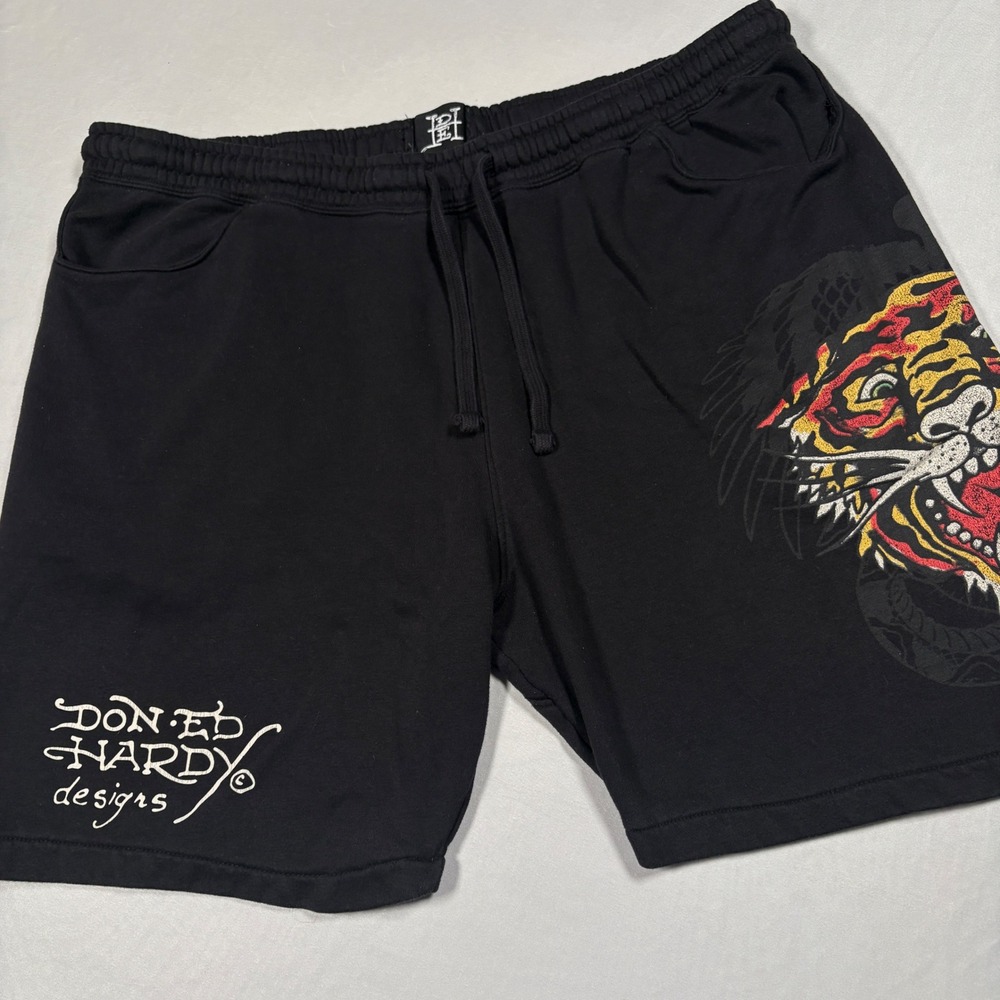 Ed Hardy Tiger Dagger Fleece Shorts Men XXL Black Graphic Tattoo Sweat Shorts